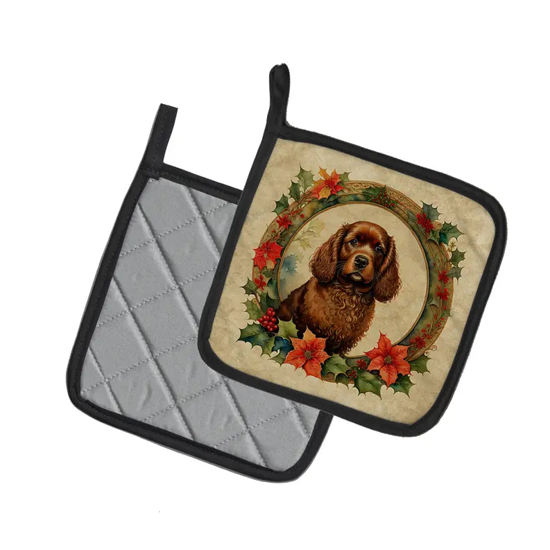 Australian Shepherd Christmas Flowers Pair of Pot Holders Caroline's Treasures