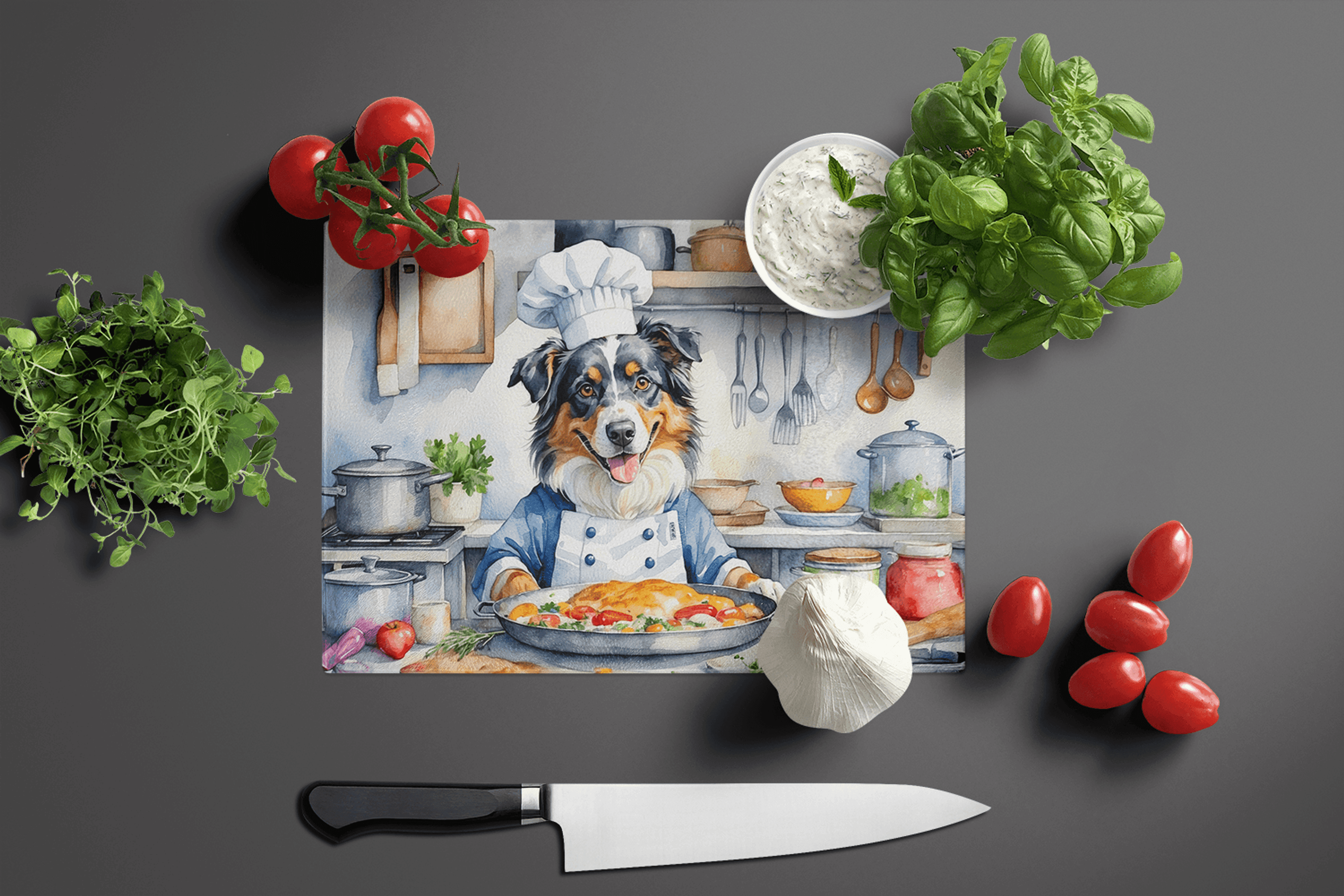 Australian Shepherd The Chef Glass Cutting Board Caroline's Treasures