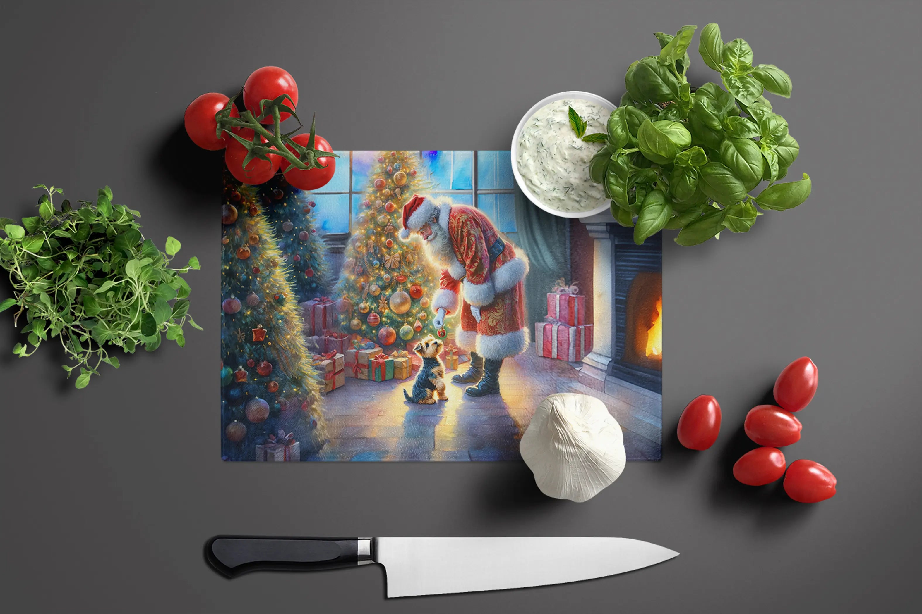 Australian Terrier and Santa Claus Glass Cutting Board Caroline's Treasures