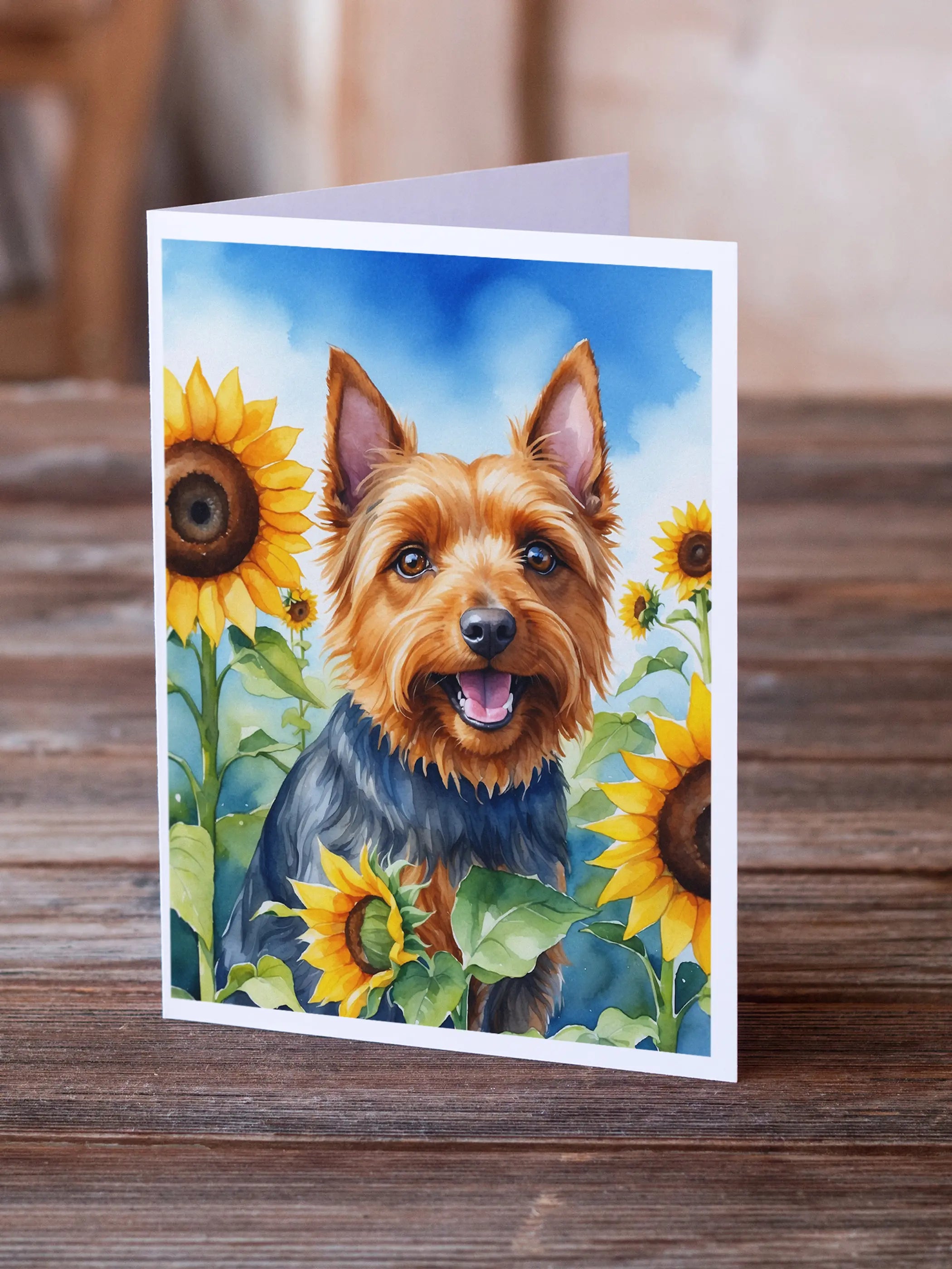 Australian Terrier in Sunflowers Greeting Cards Pack of 8 Caroline's Treasures