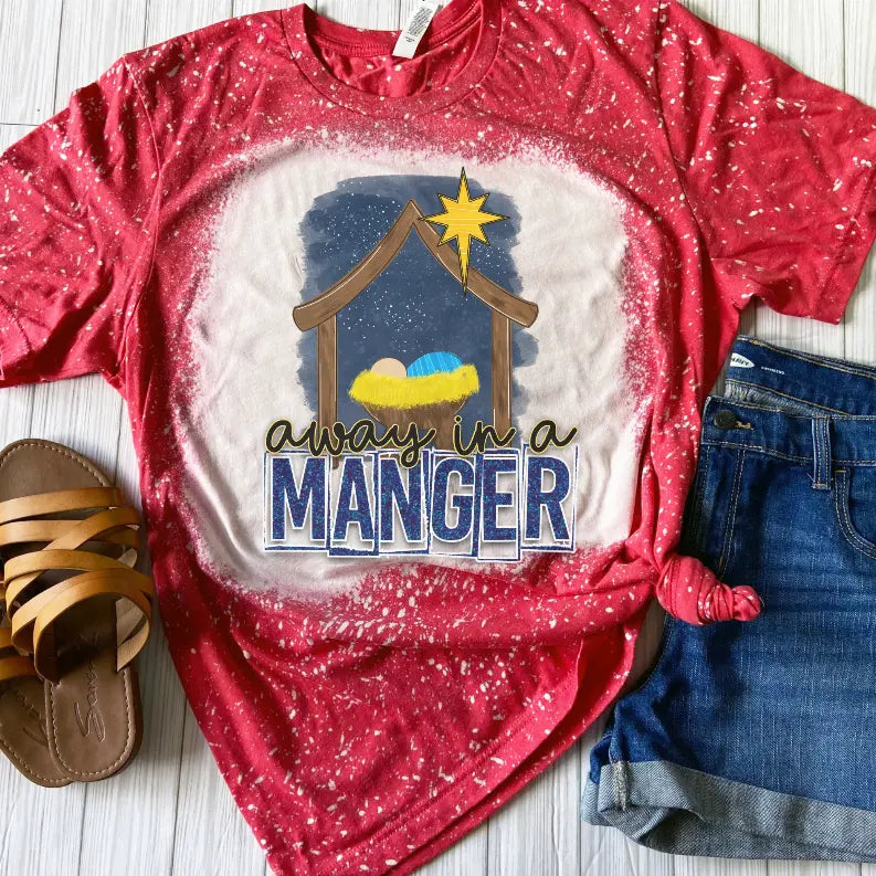 Away In A Manger Bleached Shirt - Red Christmas CK's Boutique