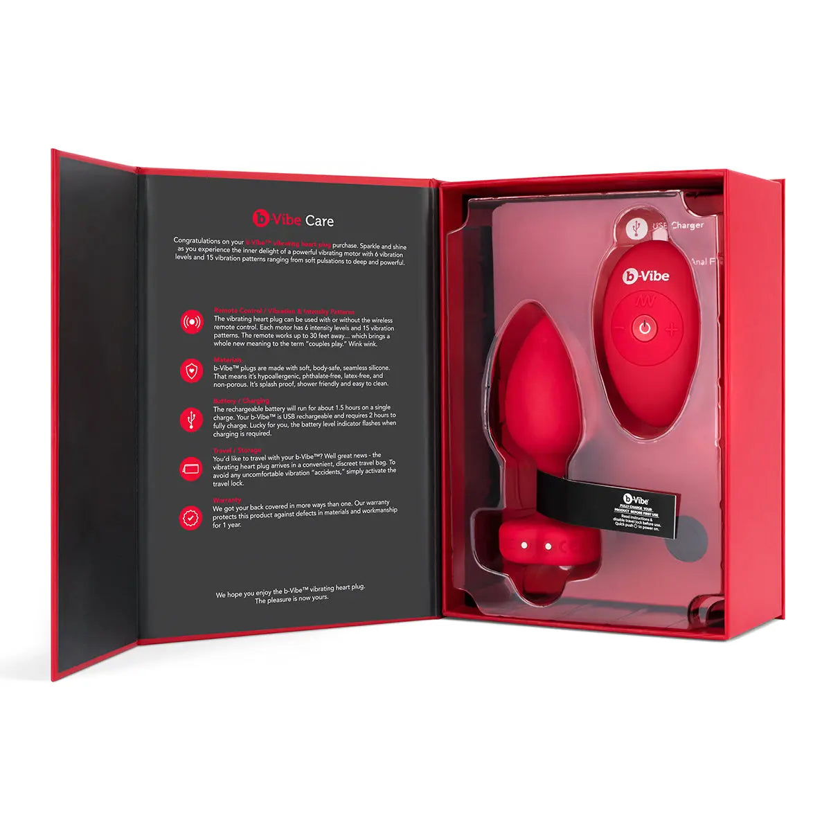 B-Vibe Vibrating Heart Plug Medium/Large - Scarlet Ruby B-Vibe