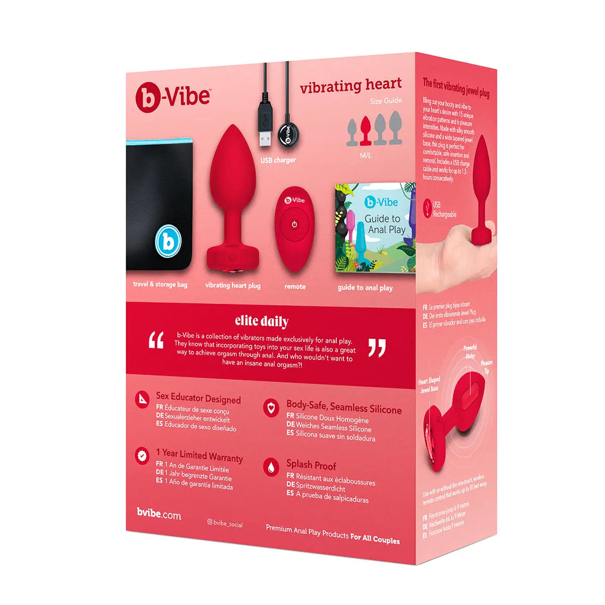 B-Vibe Vibrating Heart Plug Medium/Large - Scarlet Ruby B-Vibe