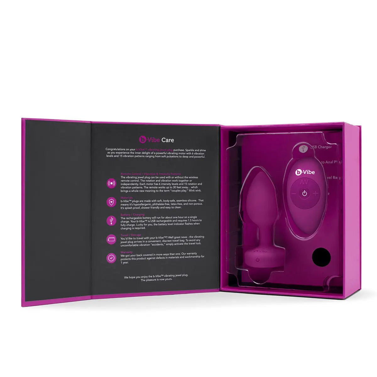 B-Vibe Vibrating Jewel Plug Small/Medium - Fuchsia B-Vibe