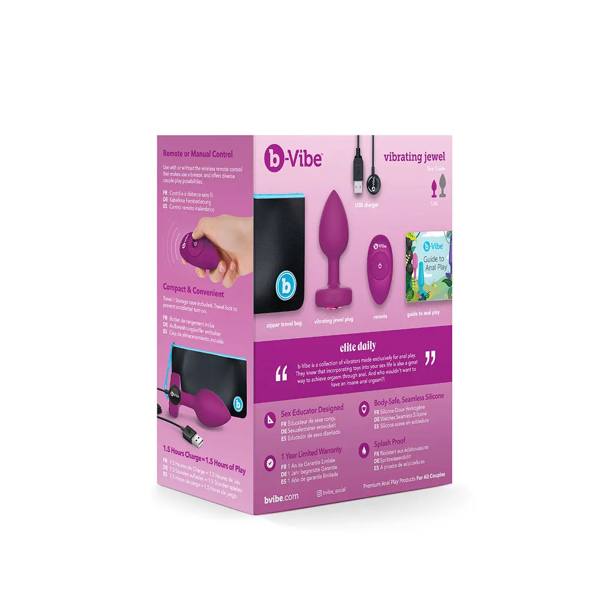 B-Vibe Vibrating Jewel Plug Small/Medium - Fuchsia B-Vibe