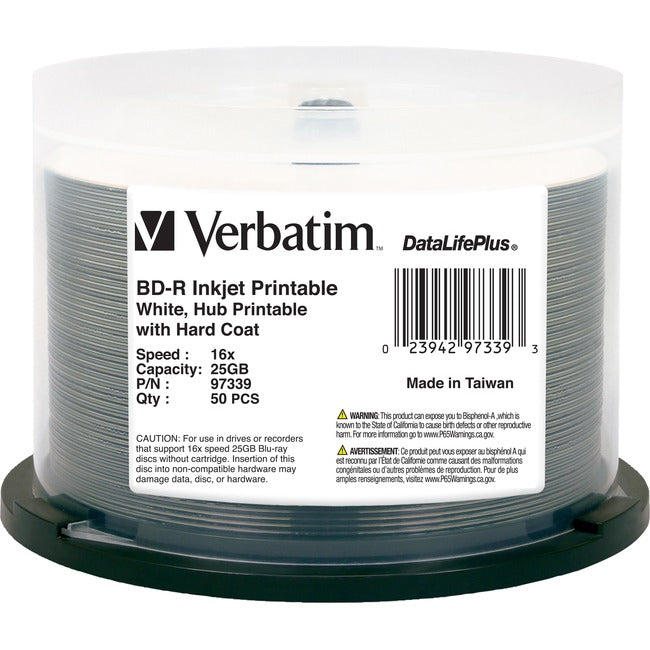 BD-R 25GB 16X DataLifePlus White Inkjet Printable, Hub Printable - 50pk Spindle Verbatim America, LLC