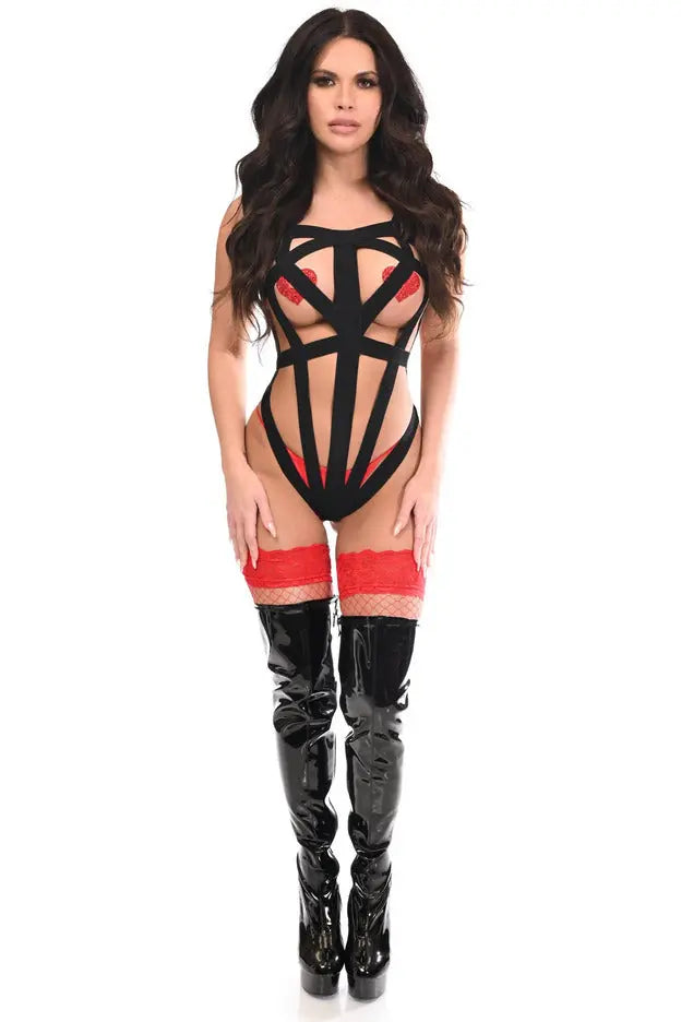 BOXED Black Stretchy Body Harness Bodysuit with Silver Hardware Daisy Corsets