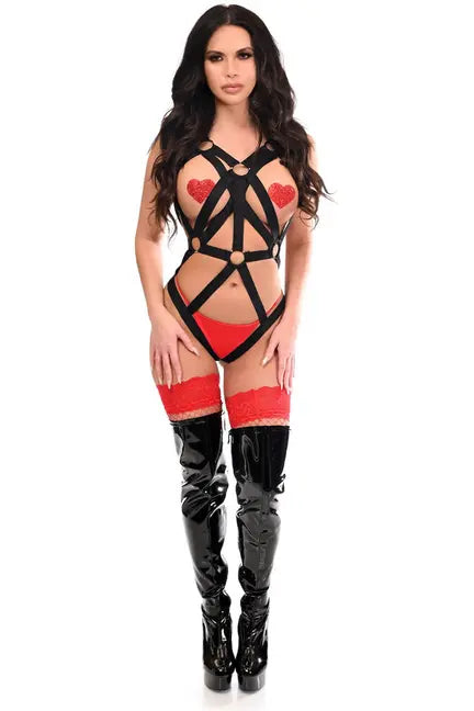 BOXED Black Stretchy Body Harness Bodysuit with Silver Hardware Daisy Corsets
