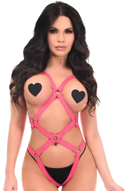 BOXED Pink Stretchy Elastic Harness Bodysuit with Silver Hardware Daisy Corsets