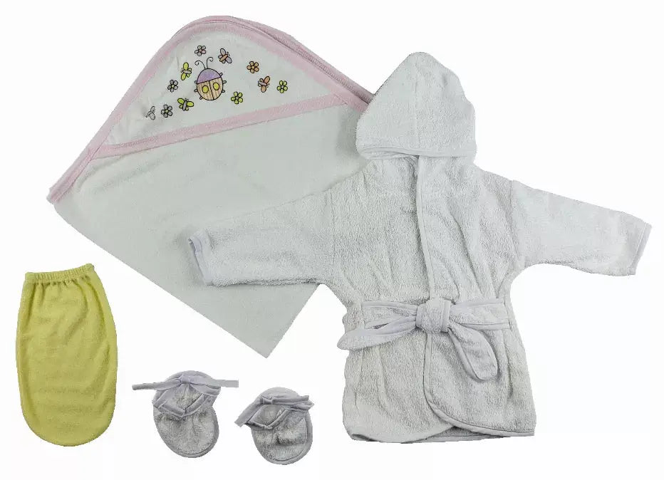 Bambini Girls Infant Robe, Hooded Towel and Washcloth Mittens Bambini