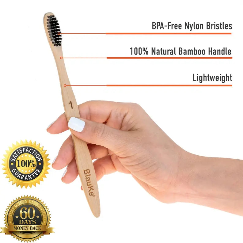 Bamboo Toothbrush Set 5-Pack - Bamboo Toothbrushes with Medium Bristles for Adults - Eco-Friendly, Biodegradable, Natural Wooden Toothbrushes with Black Charcoal Bristles Jarganic
