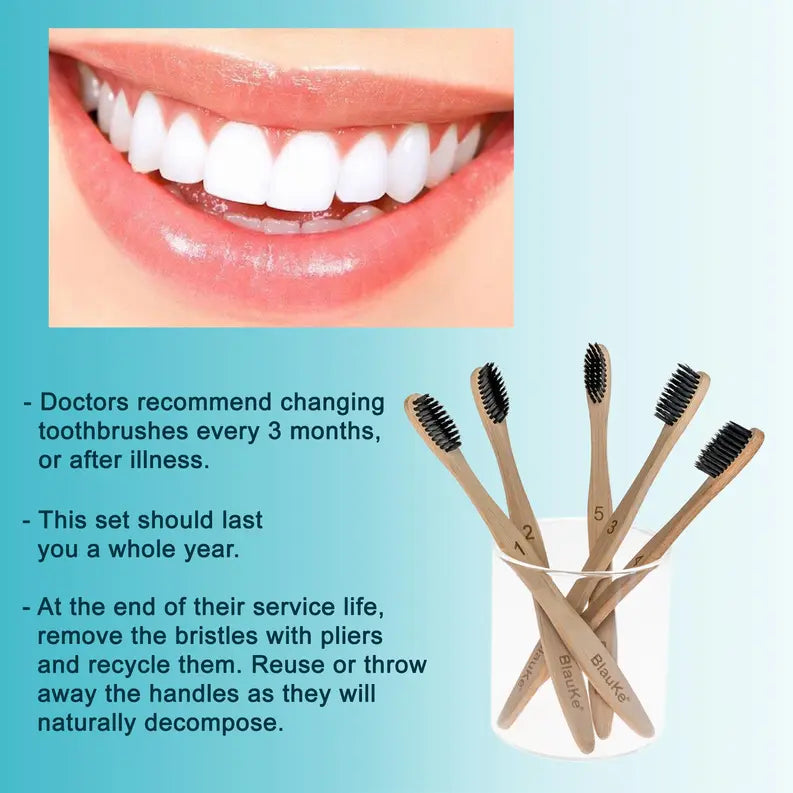 Bamboo Toothbrush Set 5-Pack - Bamboo Toothbrushes with Medium Bristles for Adults - Eco-Friendly, Biodegradable, Natural Wooden Toothbrushes with Black Charcoal Bristles Jarganic