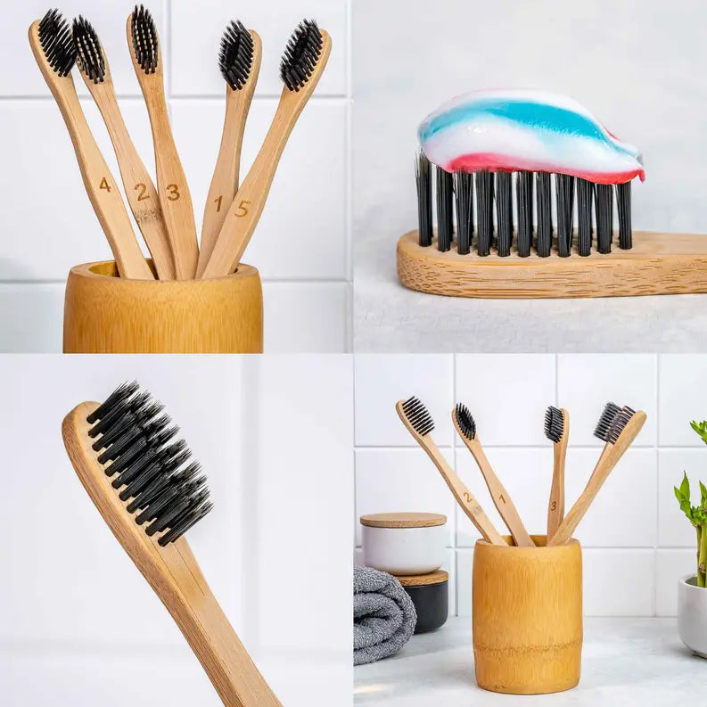 Bamboo Toothbrush Set 5-Pack - Bamboo Toothbrushes with Medium Bristles for Adults - Eco-Friendly, Biodegradable, Natural Wooden Toothbrushes with Black Charcoal Bristles Jarganic