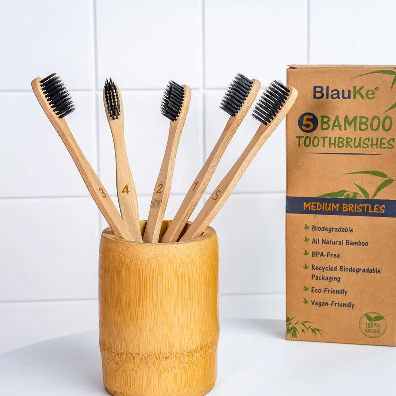 Bamboo Toothbrush Set 5-Pack - Bamboo Toothbrushes with Medium Bristles for Adults - Eco-Friendly, Biodegradable, Natural Wooden Toothbrushes with Black Charcoal Bristles Jarganic