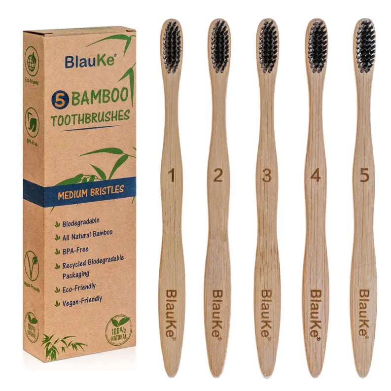 Bamboo Toothbrush Set 5-Pack - Bamboo Toothbrushes with Medium Bristles for Adults - Eco-Friendly, Biodegradable, Natural Wooden Toothbrushes with Black Charcoal Bristles Jarganic