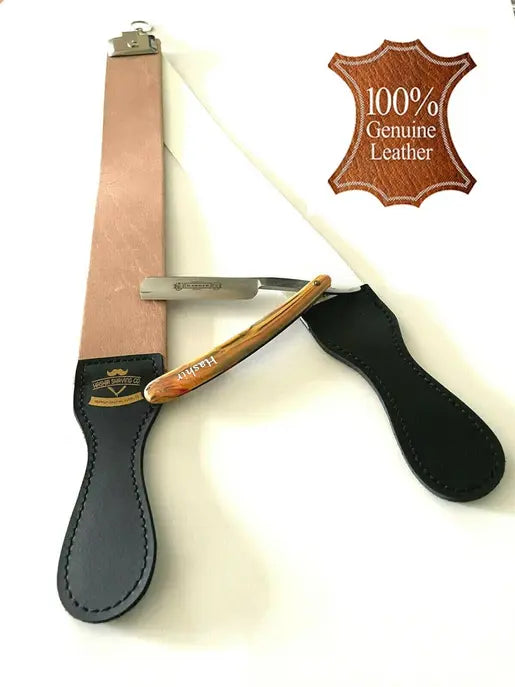 Barber's Professional Leather Shaping Strop Sharpener + Solid Carbon Steel Straight Razor Hashir Products