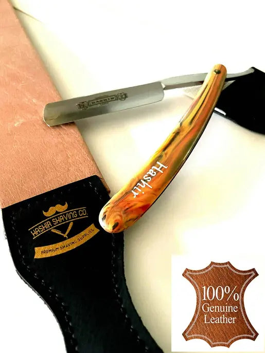 Barber's Professional Leather Shaping Strop Sharpener + Solid Carbon Steel Straight Razor Hashir Products