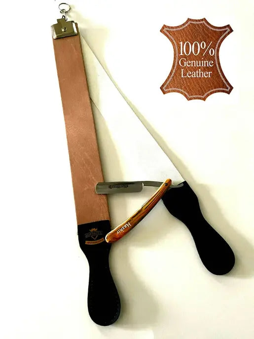Barber's Professional Leather Shaping Strop Sharpener + Solid Carbon Steel Straight Razor Hashir Products