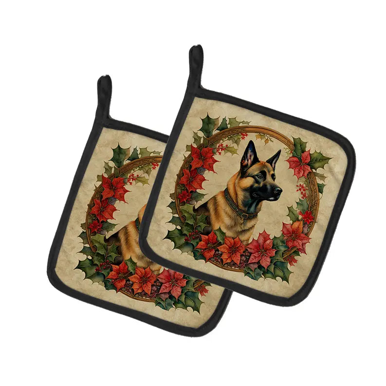 Basenji Christmas Flowers Pair of Pot Holders Caroline's Treasures