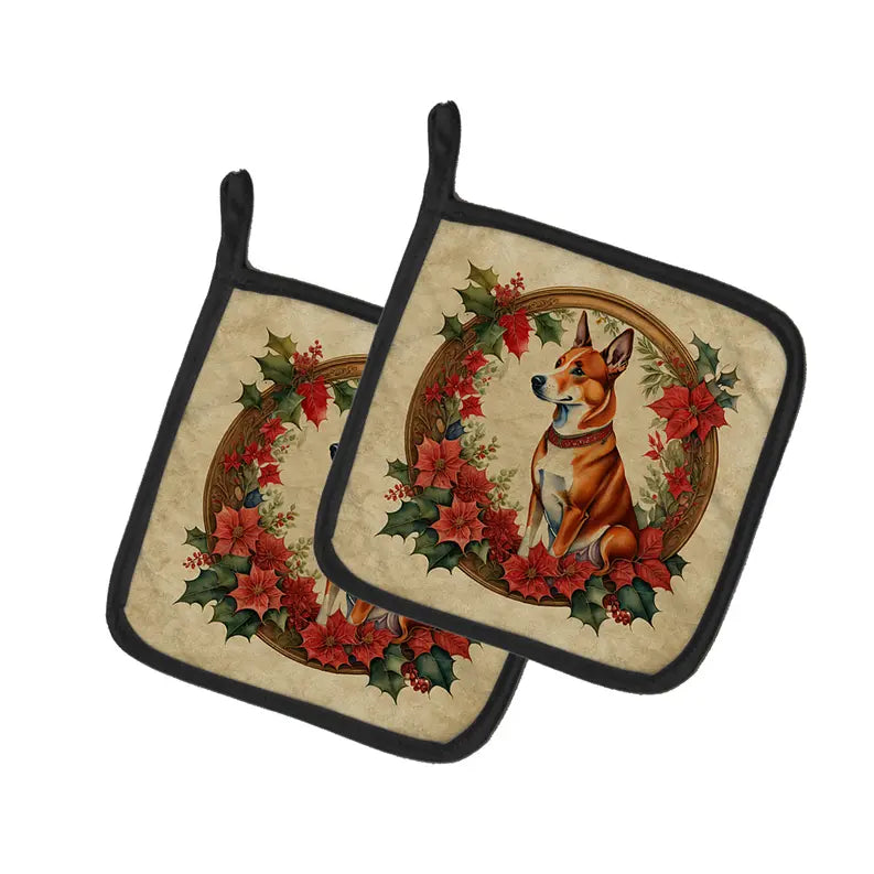 Basenji Christmas Flowers Pair of Pot Holders Caroline's Treasures