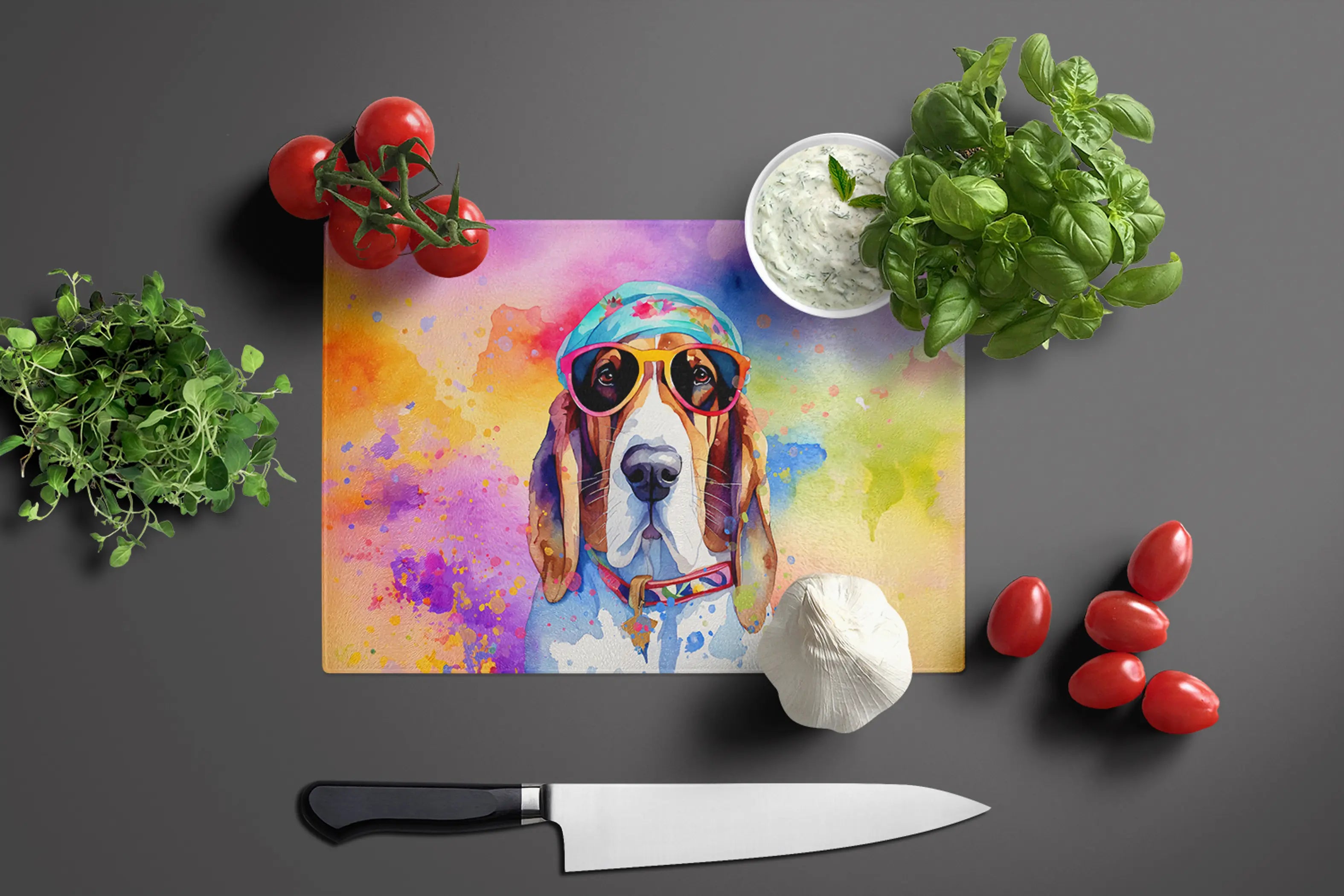 Basset Hound Hippie Dawg Glass Cutting Board Caroline's Treasures