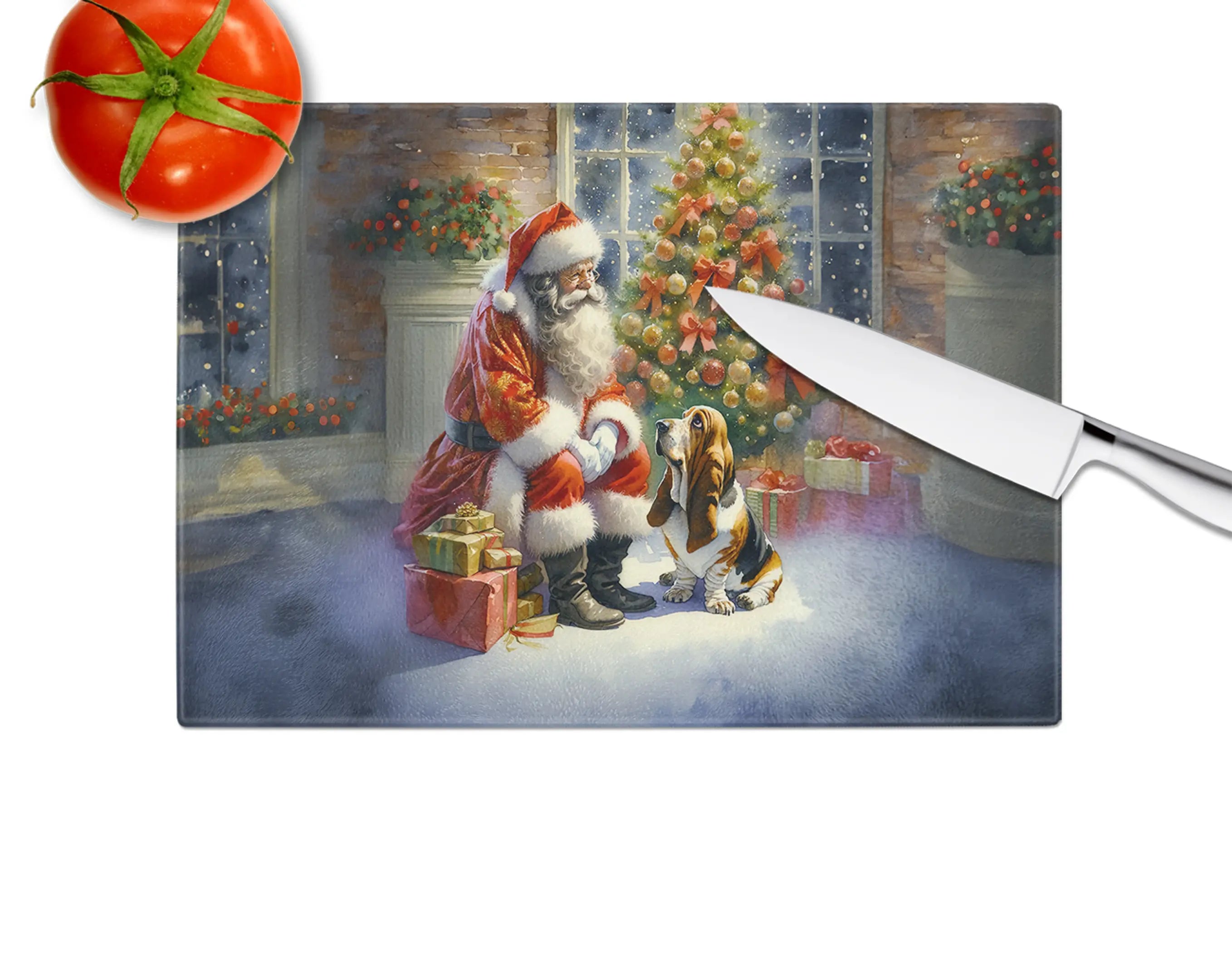 Basset Hound and Santa Claus Glass Cutting Board Caroline's Treasures