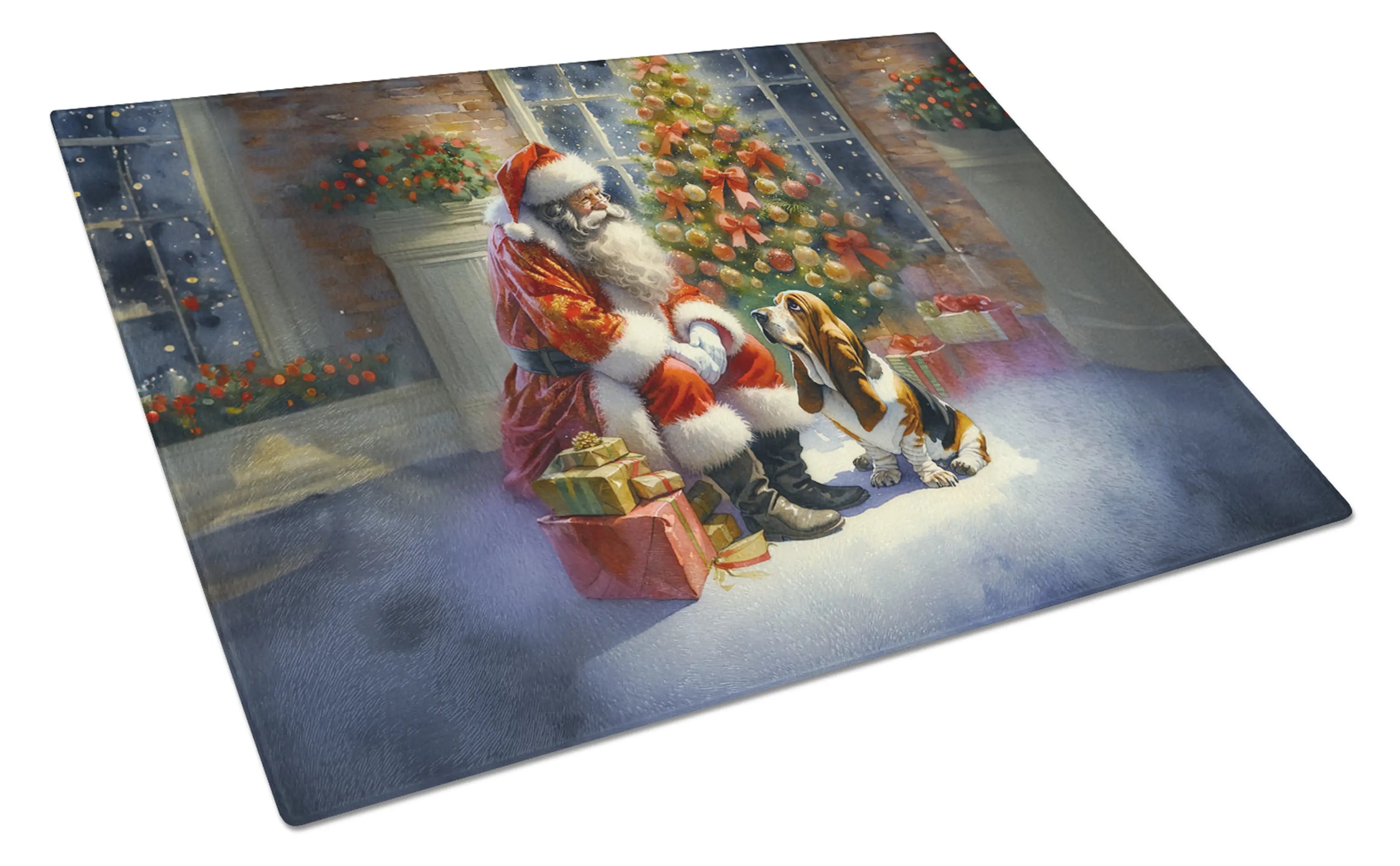 Basset Hound and Santa Claus Glass Cutting Board Caroline's Treasures