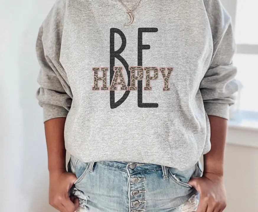 Be Happy Stacked Crew Neck Sweatshirt The Blended Owl