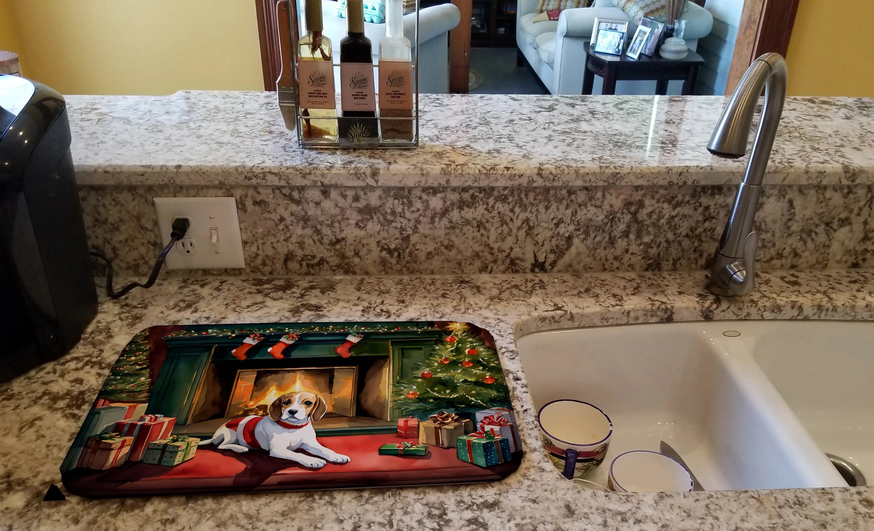 Holiday-themed kitchen mat featuring a beagle by a fireplace, decorated with Christmas trees and presents, in vibrant colors.