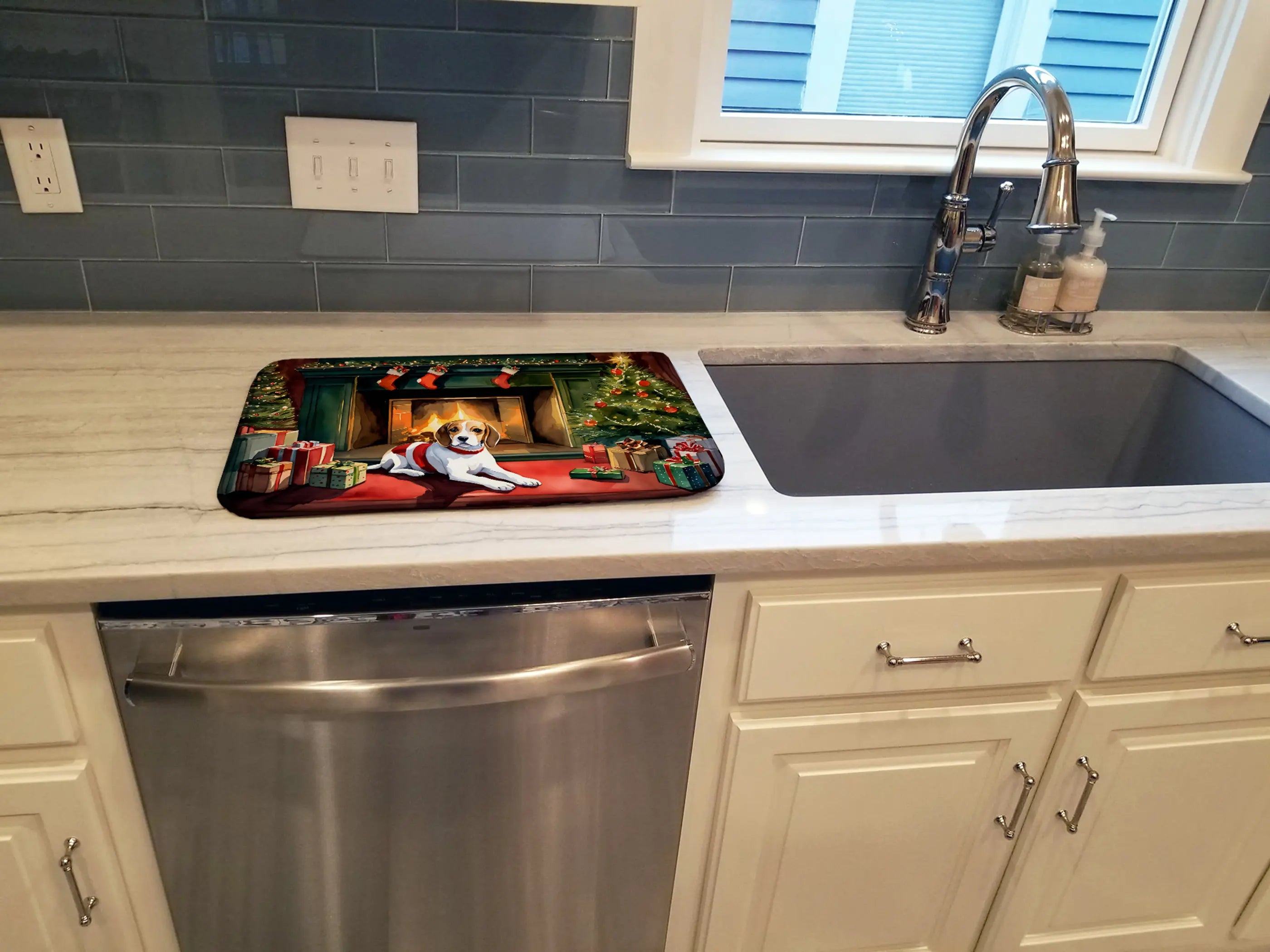 Festive dog-themed kitchen mat, colorful design, durable material, perfect for holiday decor and everyday use.
