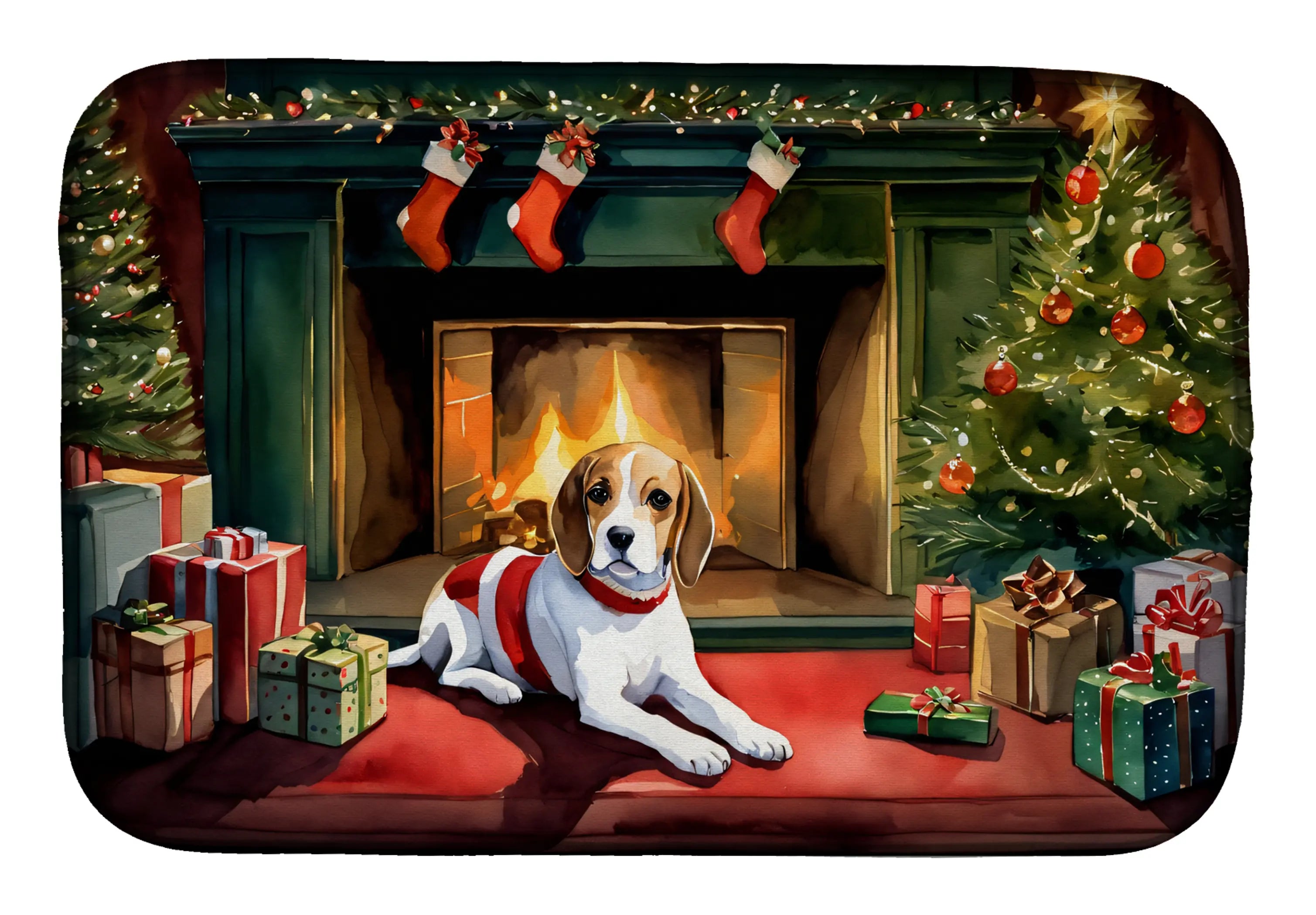 Festive beagle dog mat with Christmas fireplace, stockings, and presents, featuring vibrant colors and a cozy design.