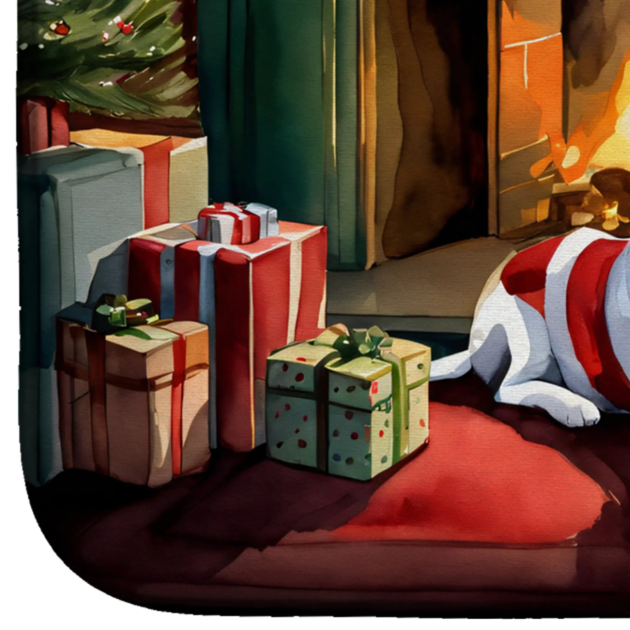 Cozy Christmas scene with a white dog by a fireplace, colorful wrapped gifts, and festive decorations.