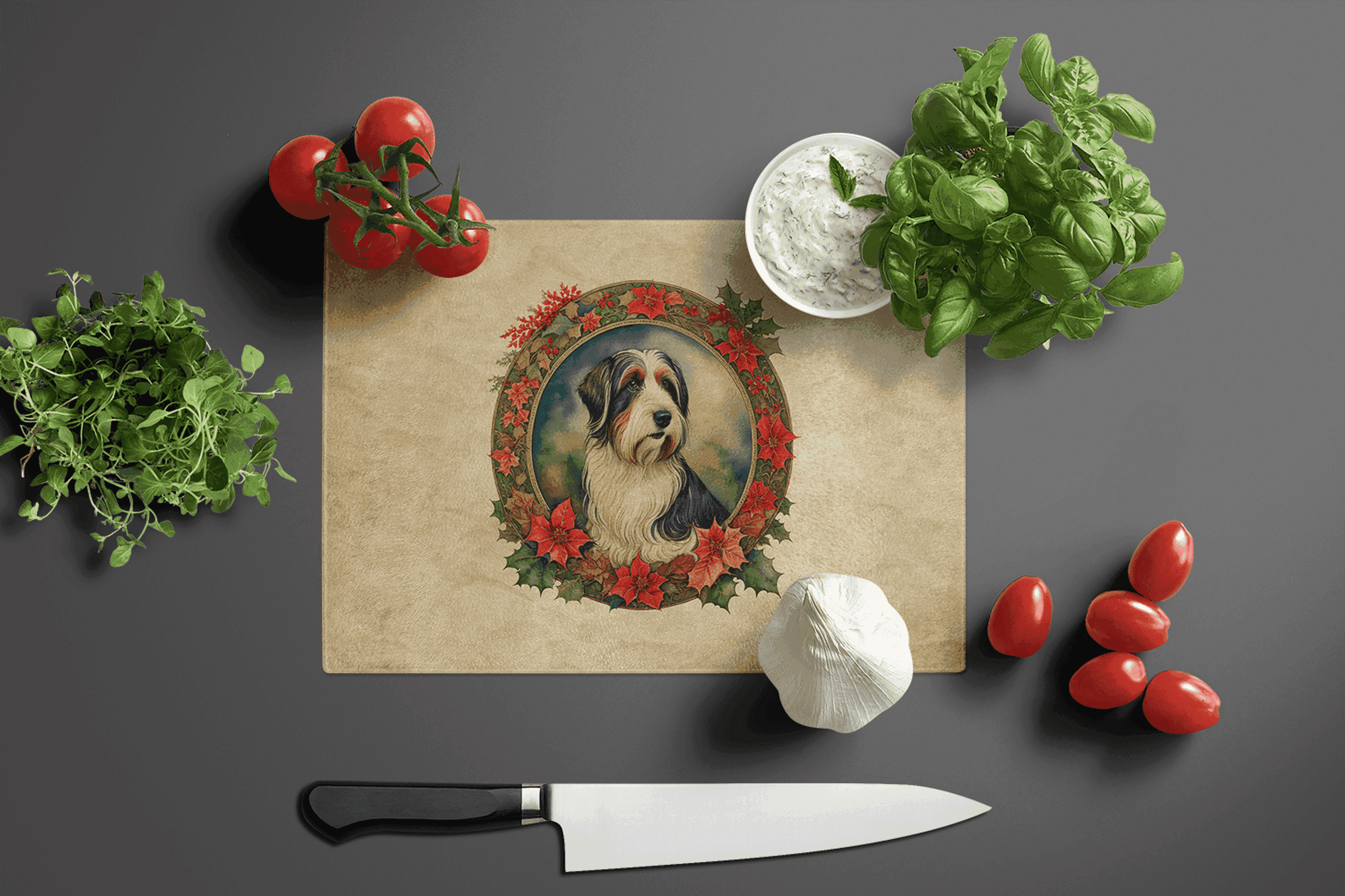 Bearded Collie Christmas Flowers Glass Cutting Board Caroline's Treasures