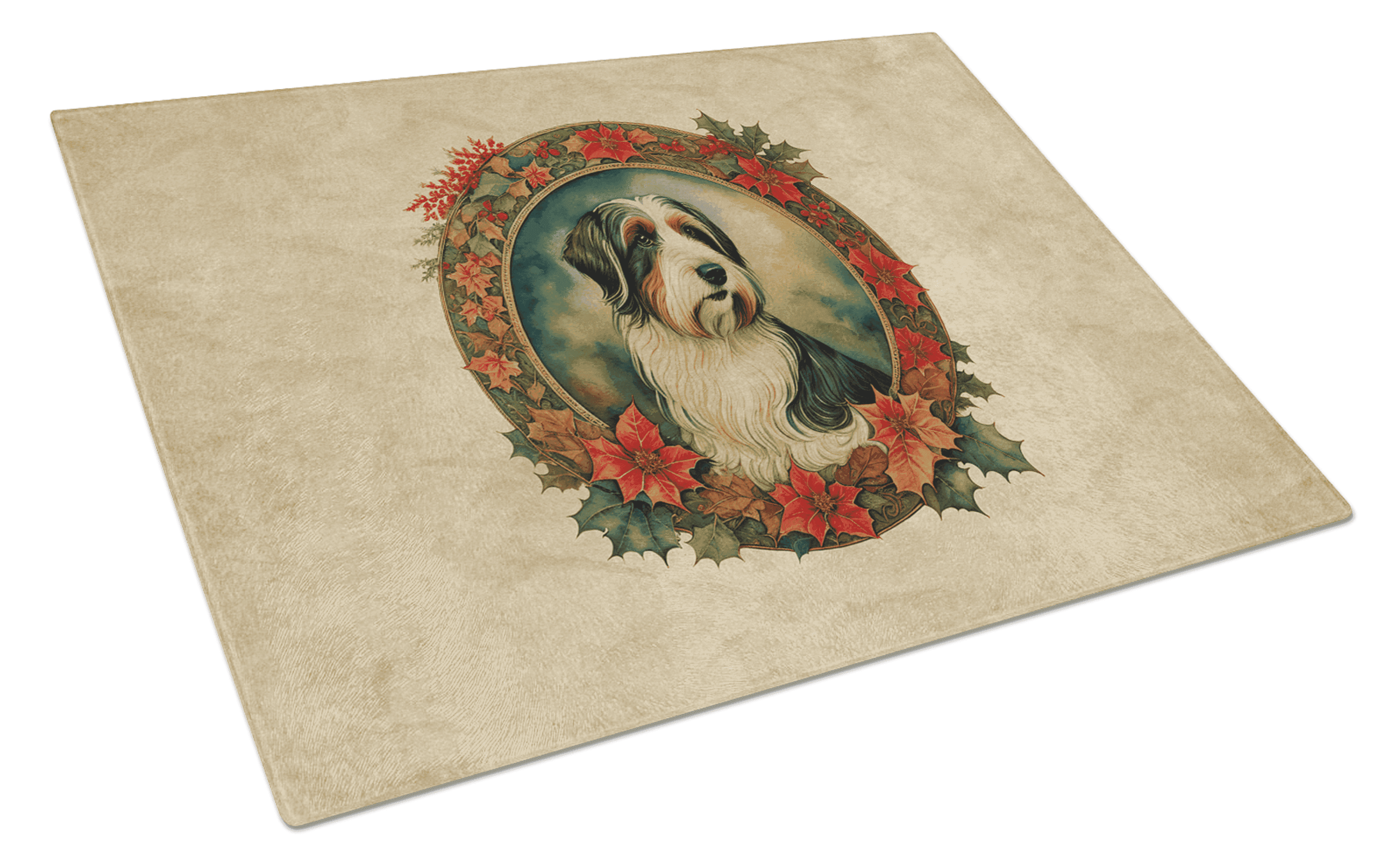 Bearded Collie Christmas Flowers Glass Cutting Board Caroline's Treasures