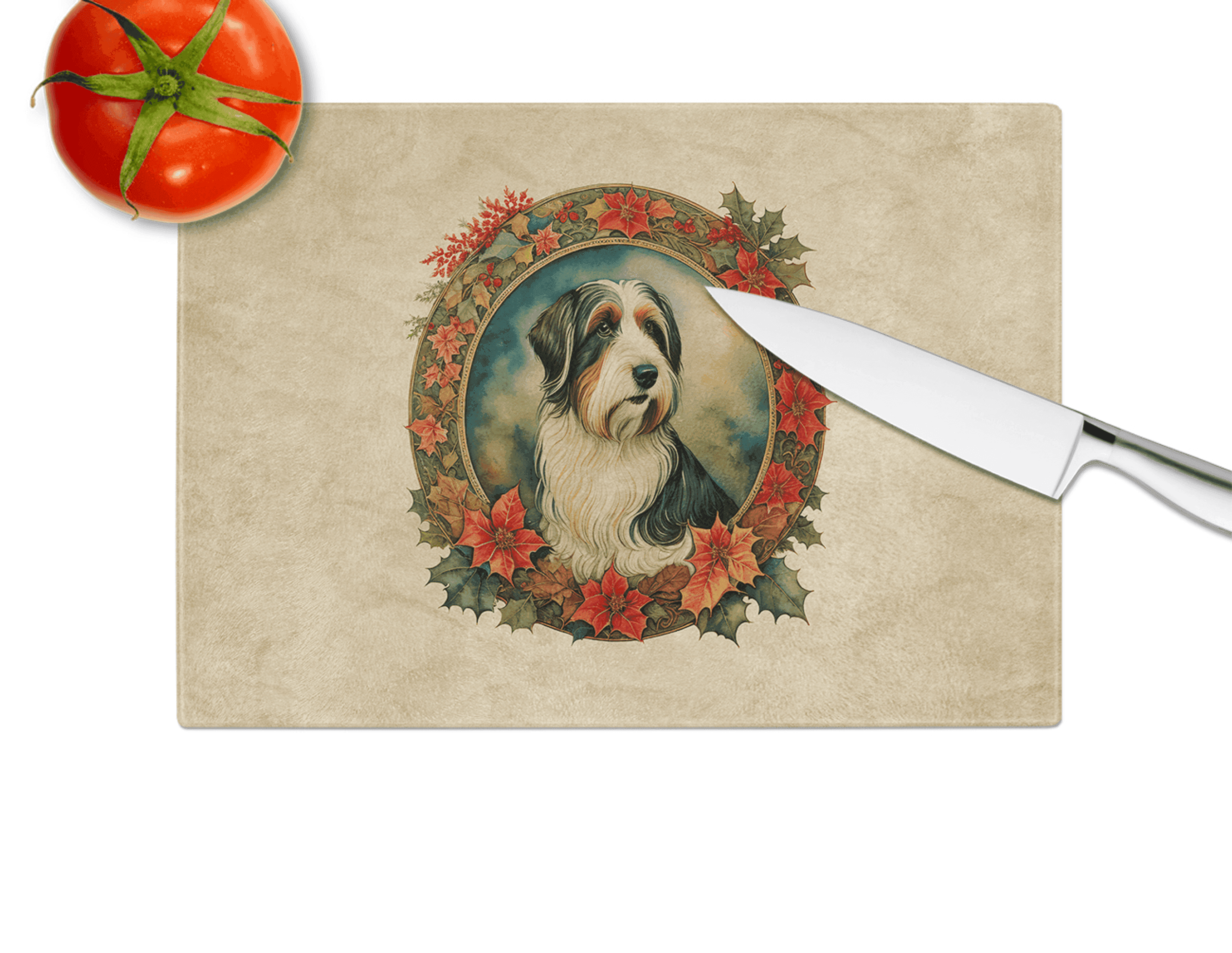 Bearded Collie Christmas Flowers Glass Cutting Board Caroline's Treasures