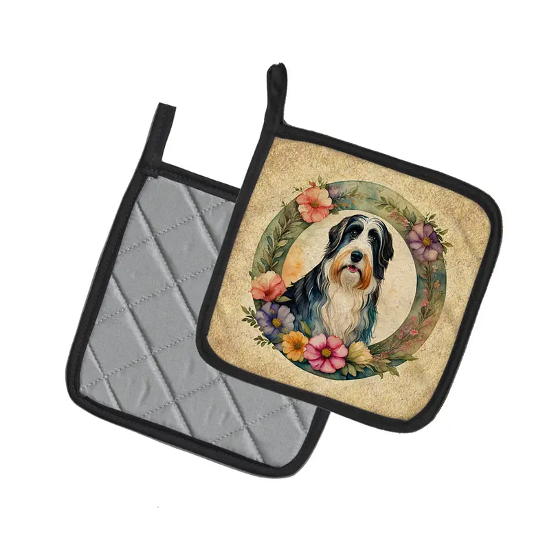 Bearded Collie and Flowers Pair of Pot Holders Caroline's Treasures