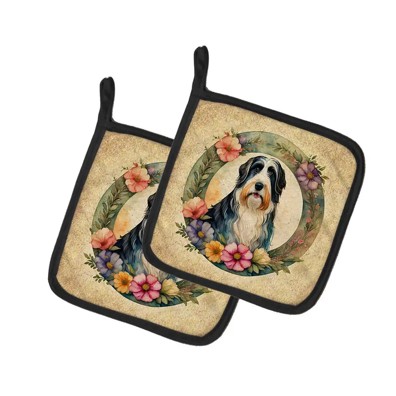 Bearded Collie and Flowers Pair of Pot Holders Caroline's Treasures