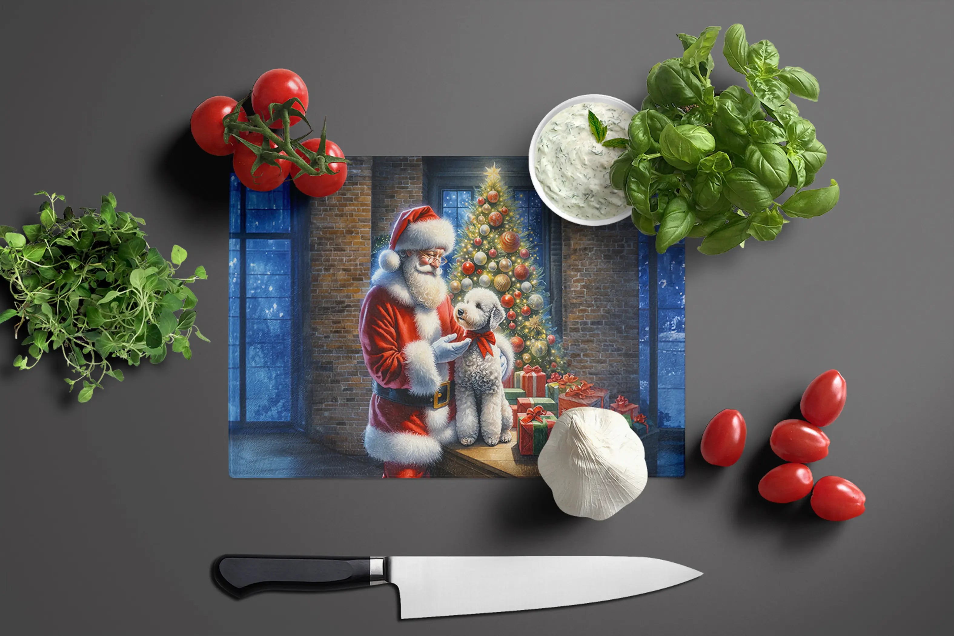 Bedlington Terrier and Santa Claus Glass Cutting Board Caroline's Treasures