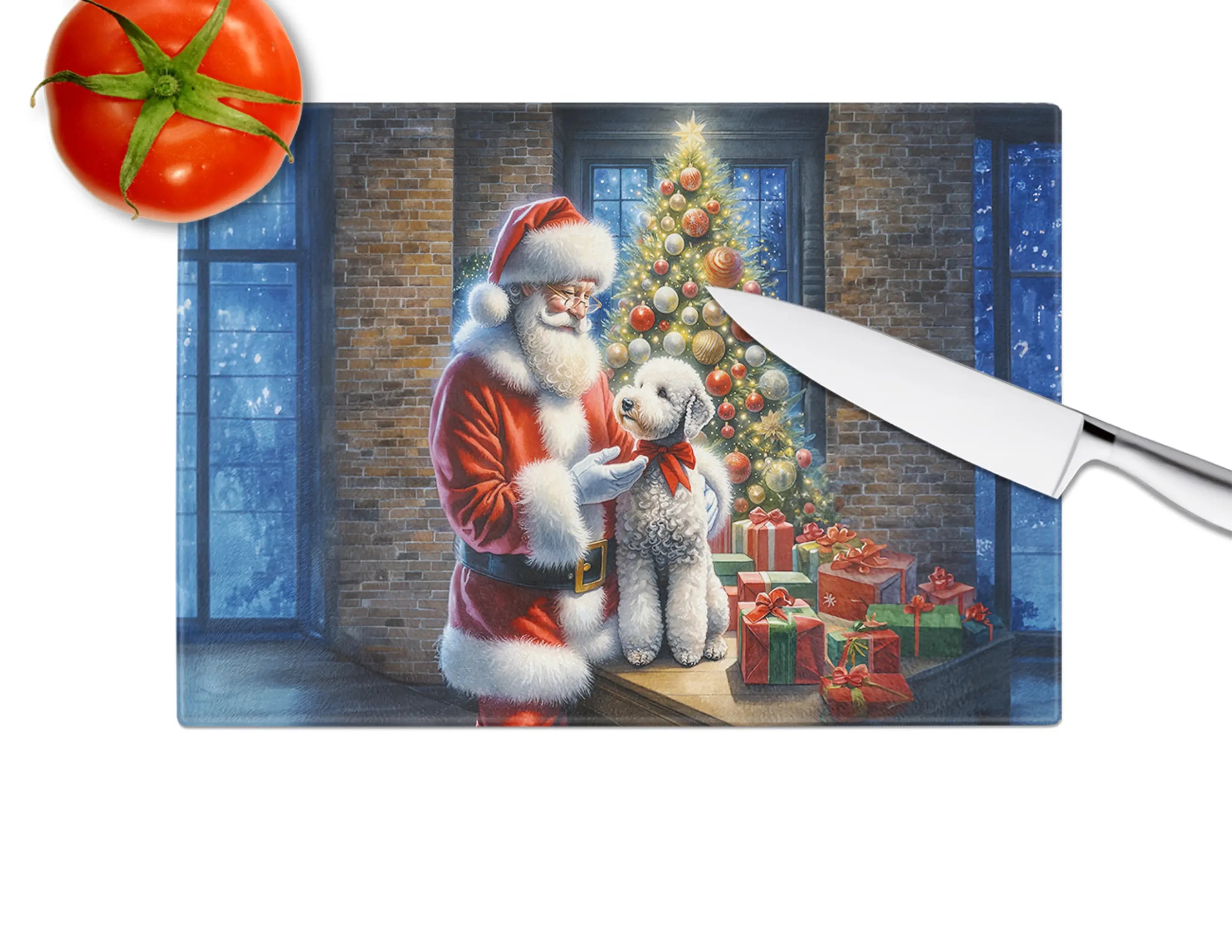 Bedlington Terrier and Santa Claus Glass Cutting Board Caroline's Treasures