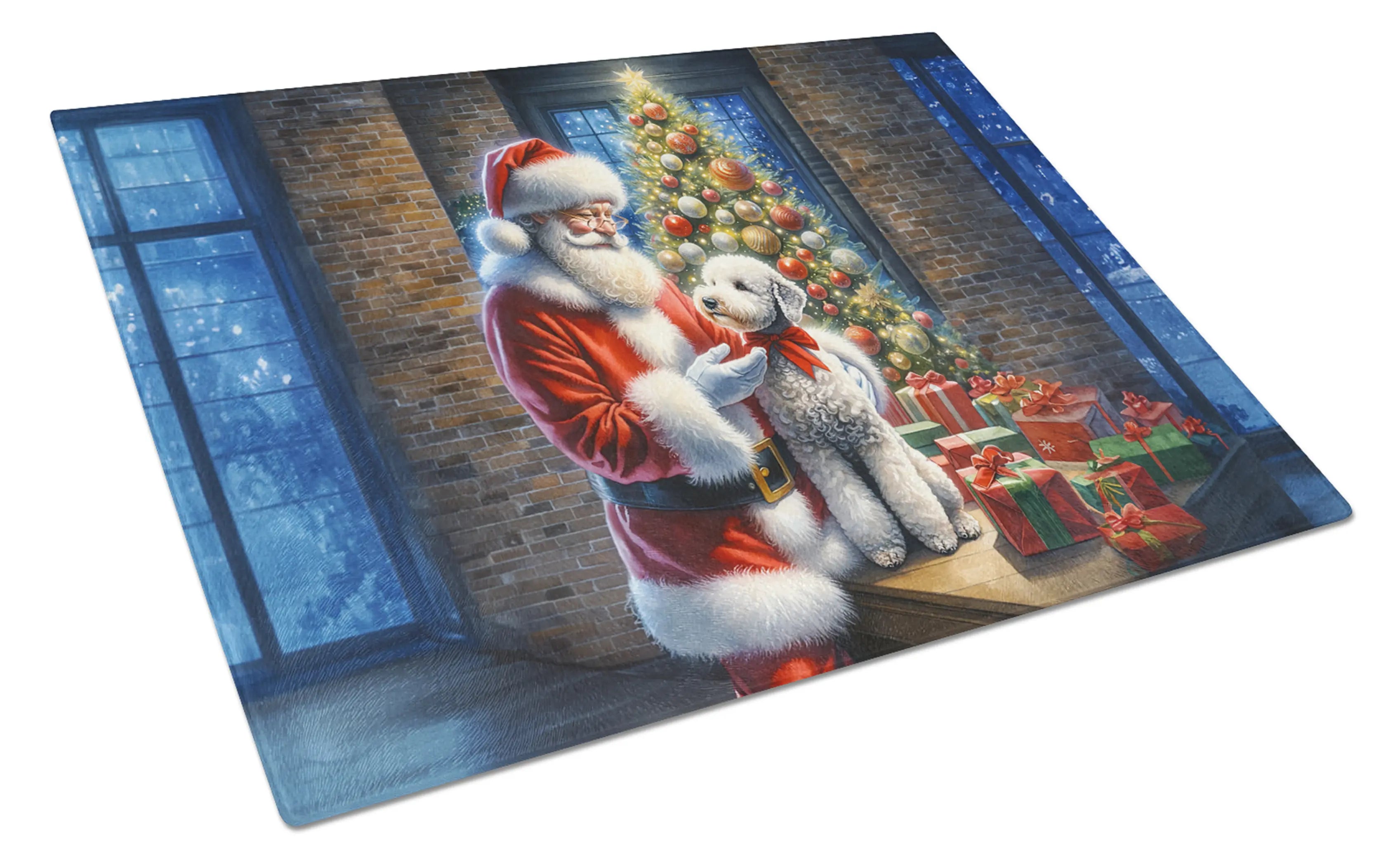 Bedlington Terrier and Santa Claus Glass Cutting Board Caroline's Treasures