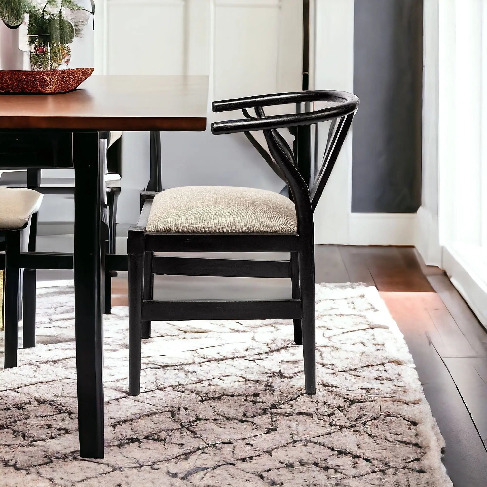 Beige And Black Upholstered Linen Wishbone Back Dining Side Chair Homeroots Kitchen & Dining