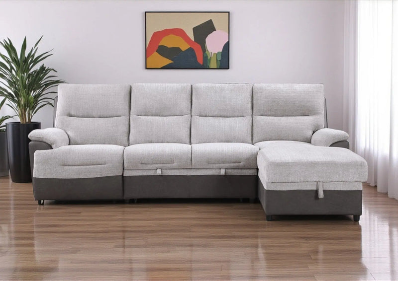 Beige And Brown Fabric Sleeper L Shaped Three Piece Sofa and Storage Chaise Sectional Homeroots Living Room