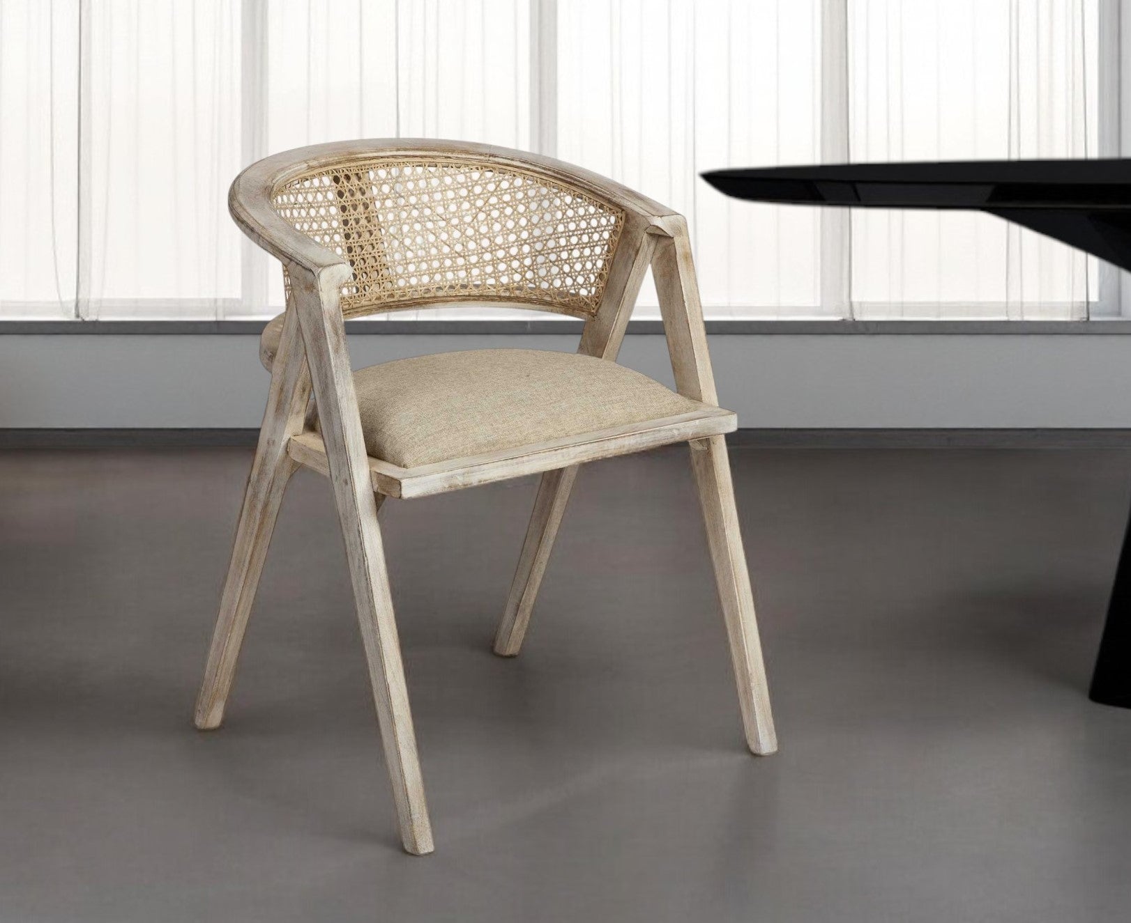 Beige And Gray Upholstered Linen Curved Back Dining Arm Chair - GreatEagleInc