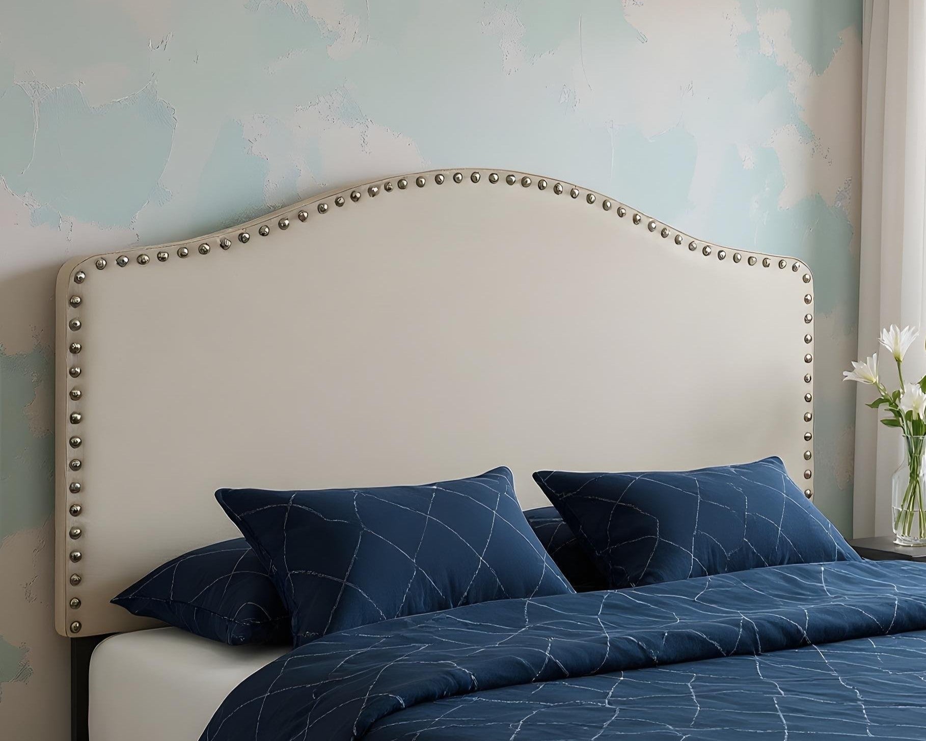 Beige Linen Blend Upholstered Arched Full Headboard With Nail Head Trim - GreatEagleInc