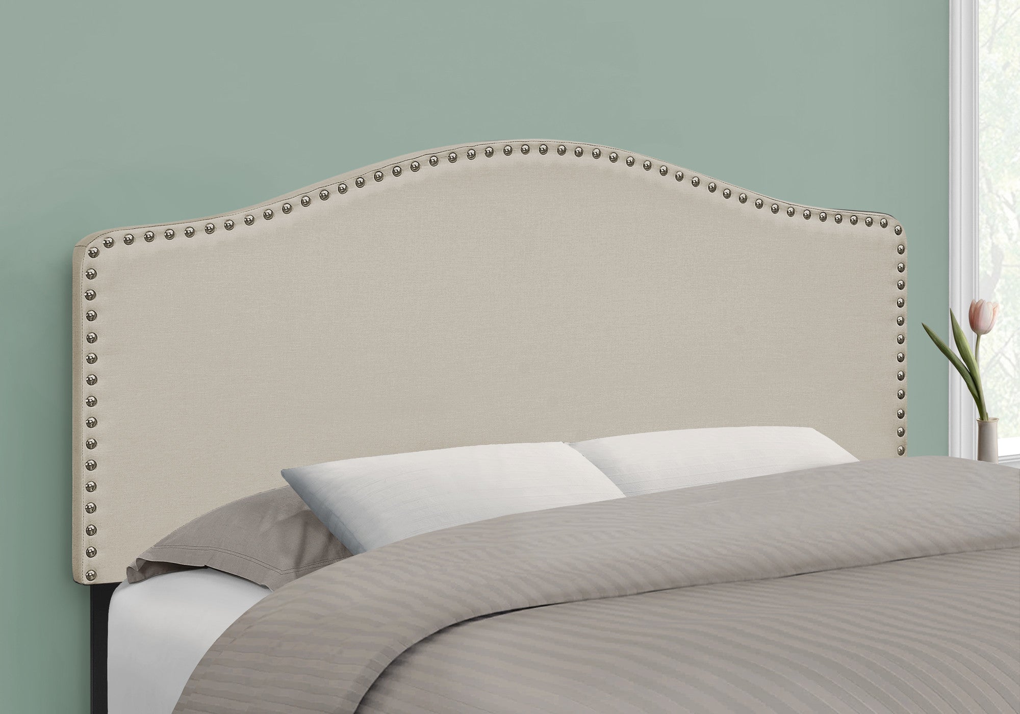 Beige Linen Blend Upholstered Arched Full Headboard With Nail Head Trim - GreatEagleInc