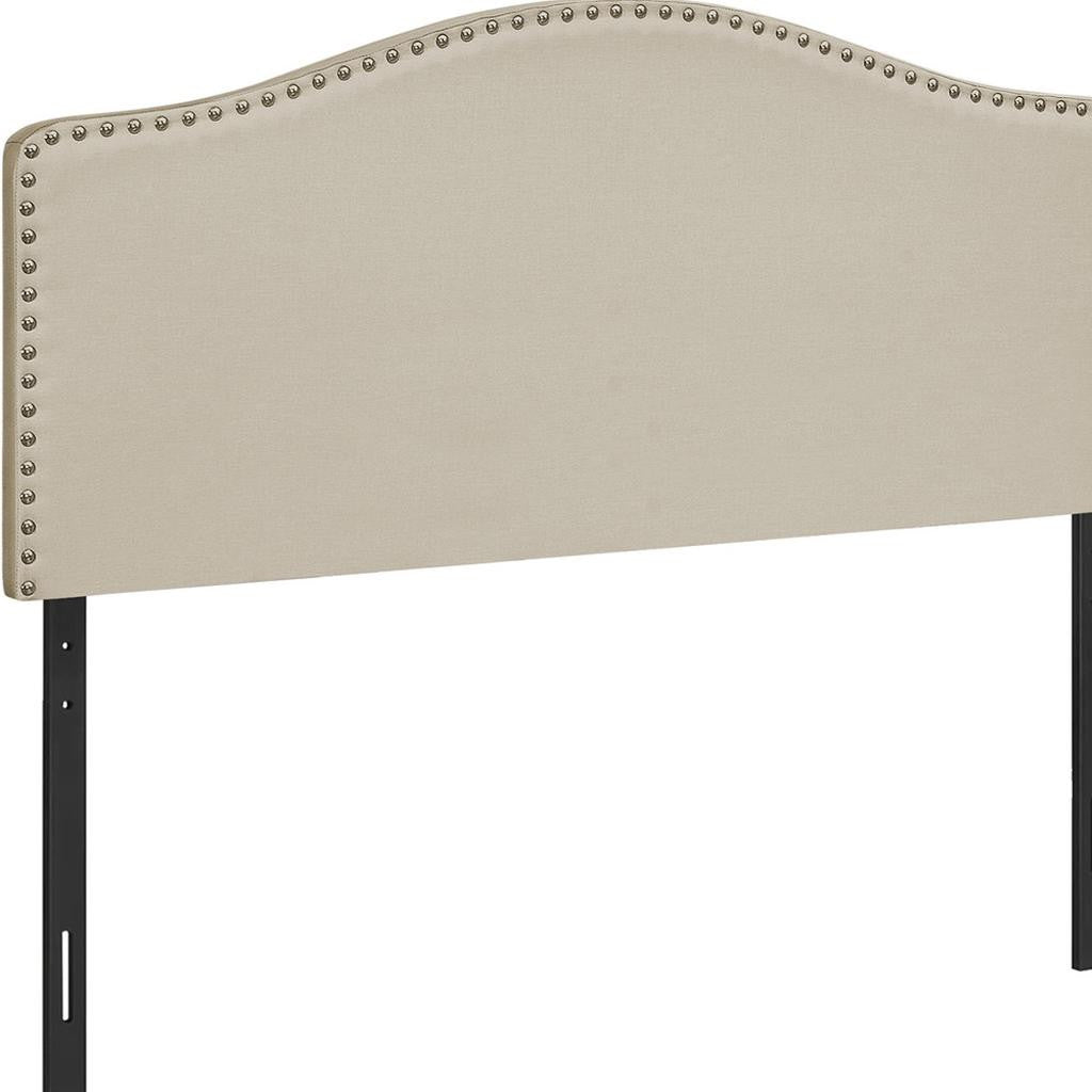 Beige Linen Blend Upholstered Arched Full Headboard With Nail Head Trim - GreatEagleInc