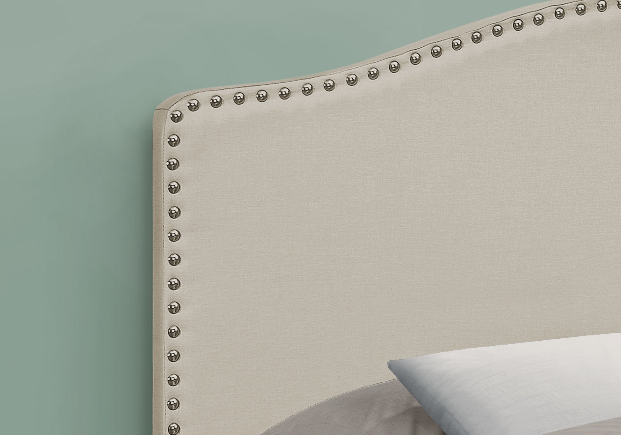 Beige Linen Blend Upholstered Arched Full Headboard With Nail Head Trim - GreatEagleInc