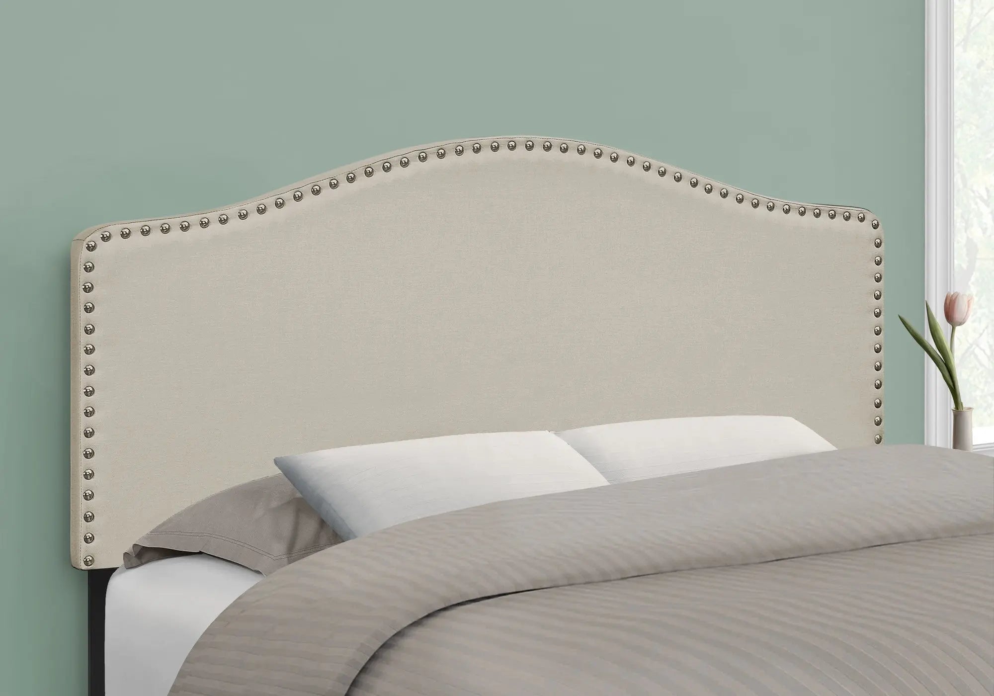 Beige Linen Blend Upholstered Arched Full Headboard With Nail Head Trim - GreatEagleInc