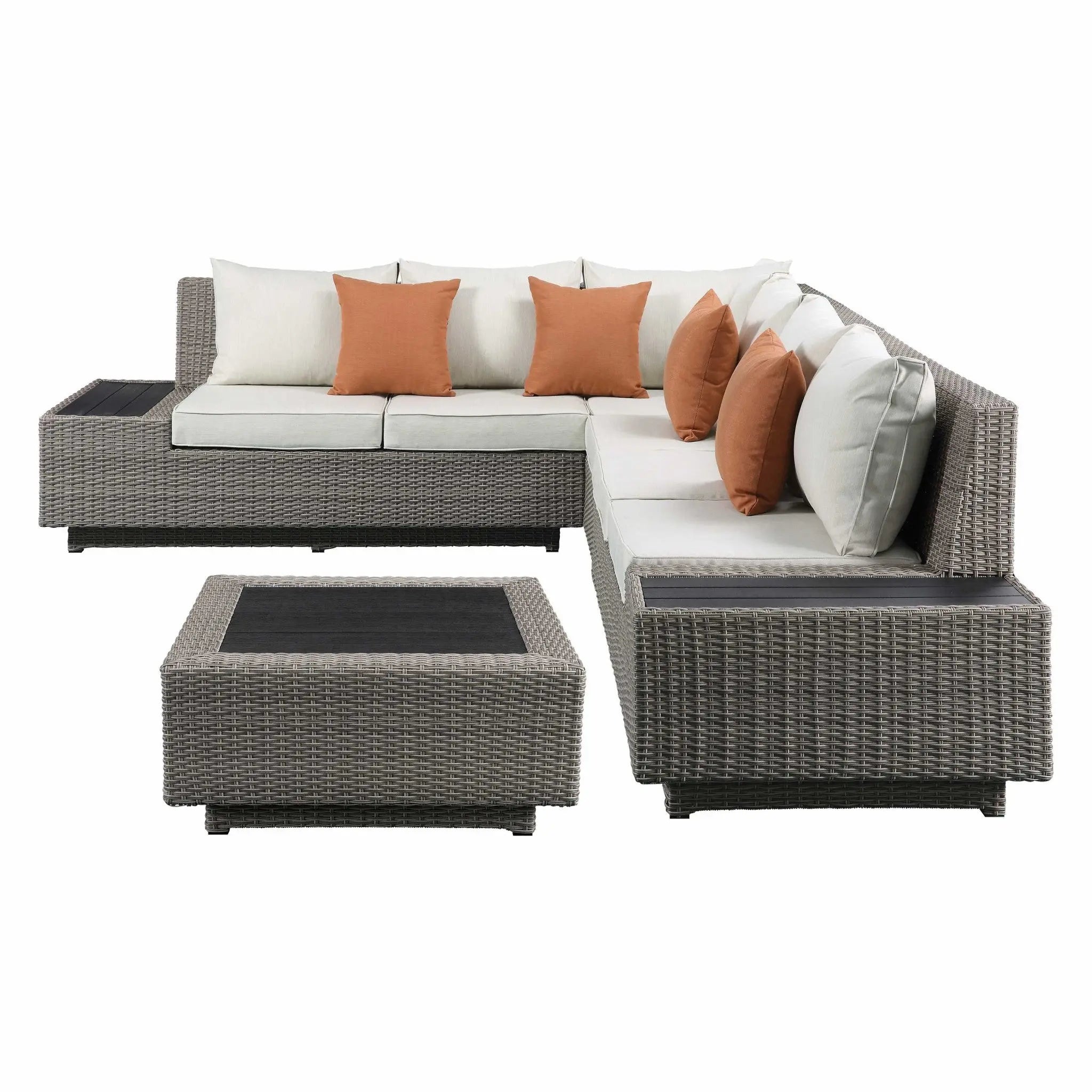 Beige Polyester Modular L Shaped Four Piece Standard With Console And Toss Pillows Homeroots Outdoor
