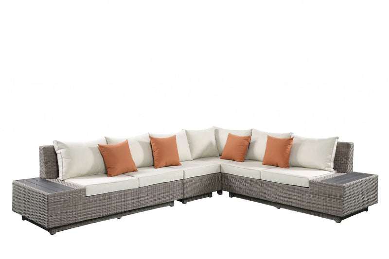 Beige Polyester Modular L Shaped Four Piece Standard With Console And Toss Pillows Homeroots Outdoor
